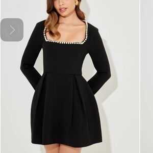 OddMuse White Long Sleeve Dress with Pearl Trim